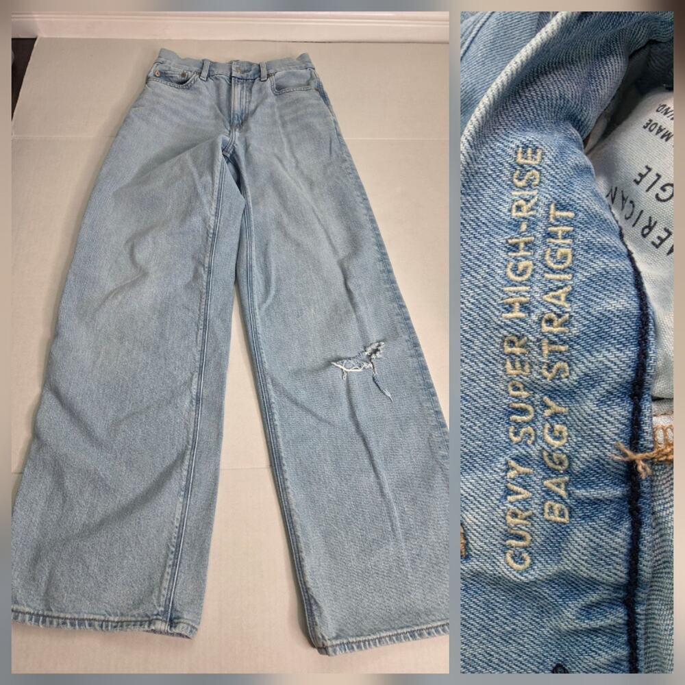 AMERICAN EAGLE Jeans SZ 0 Curvy Super High Rise Baggy Straight Strigid Y2K 90s